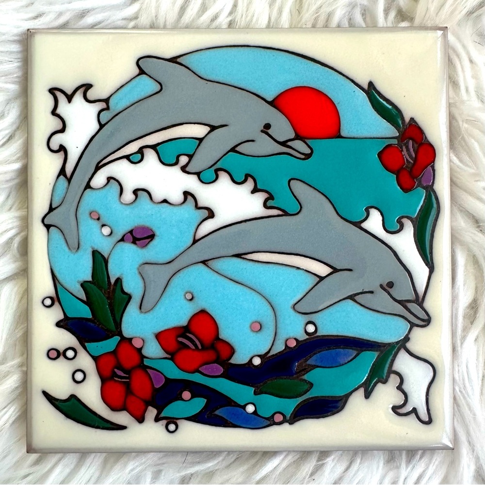 Vintage Masterworks Hand Crafted Dolphins Tile
Art Trivet 6”x6”